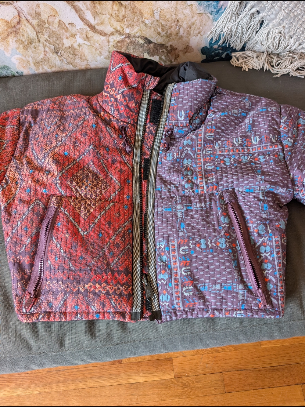 Free People Quilted Puffer Bomber Style Jacket in Red and Purple